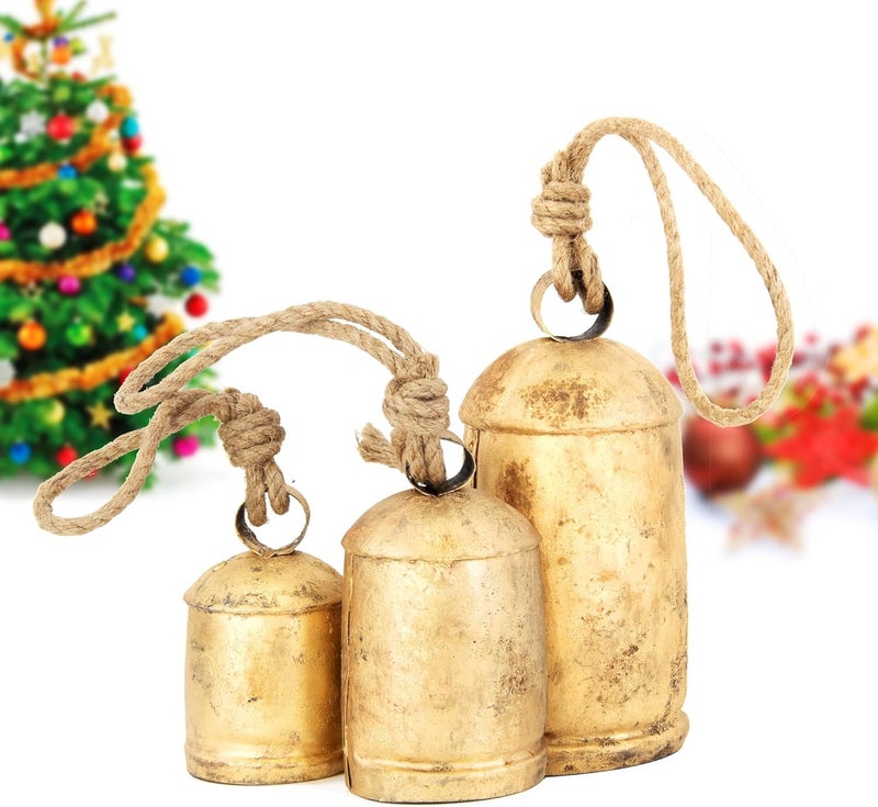 ANNA HOME Vintage Rustic Cow Bell Christmas Set - Shabby Chic Holiday Decor - 3 Bells in Various Sizes (4", 6", 8" H) Create Festive Ambiance and Invite Good Luck - Image 1